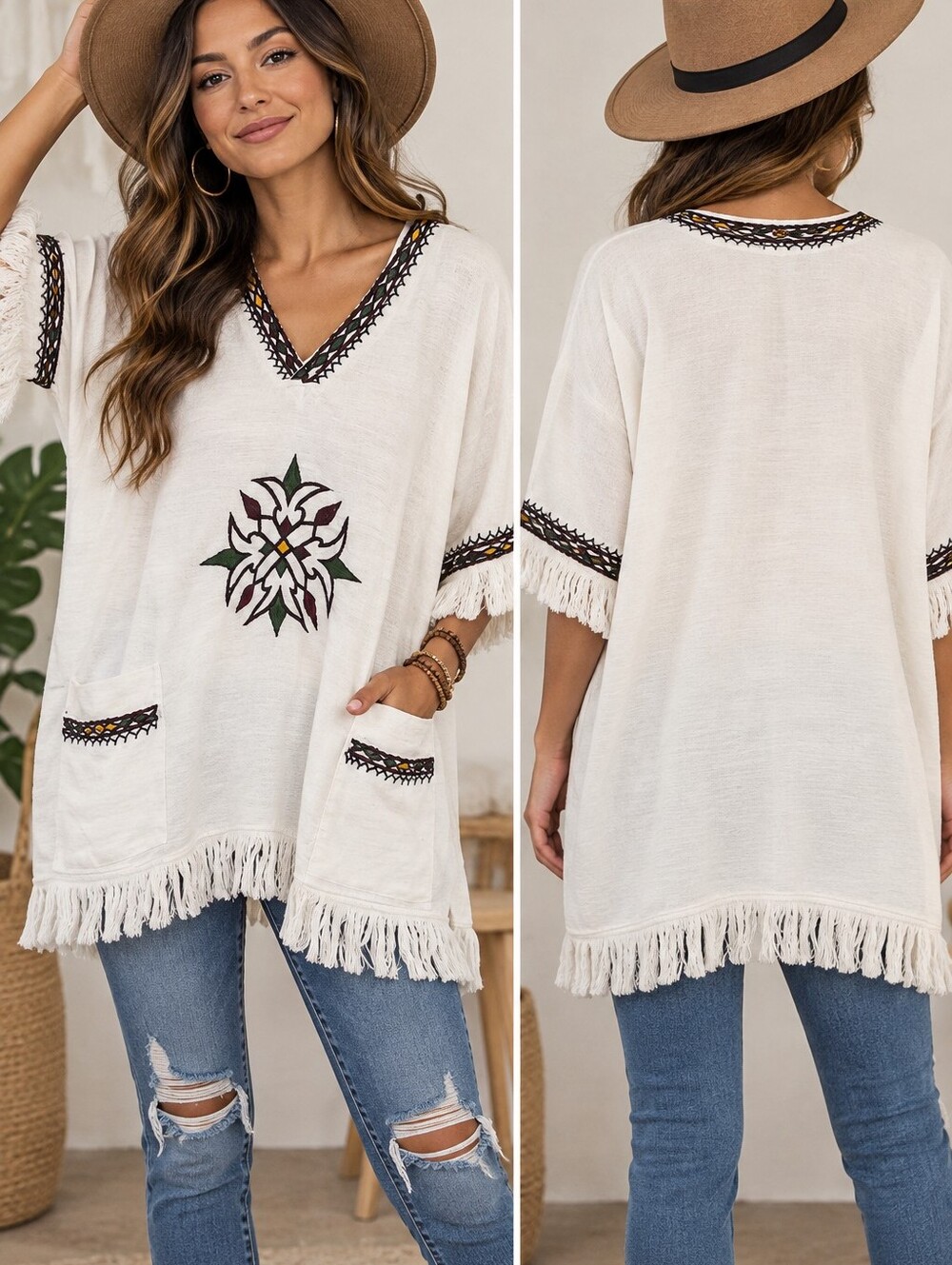 White Embroidered Women's Boho Festival V-neck Pullover Blouse